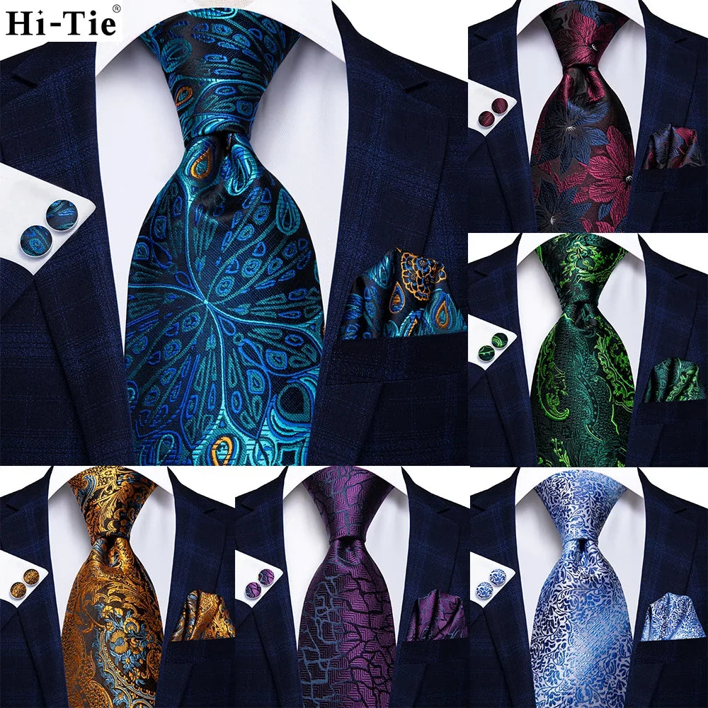 Jacquard Peacock Blue Wedding Tie, Hanky & Cufflinks Set Necktie Gift Set Qme