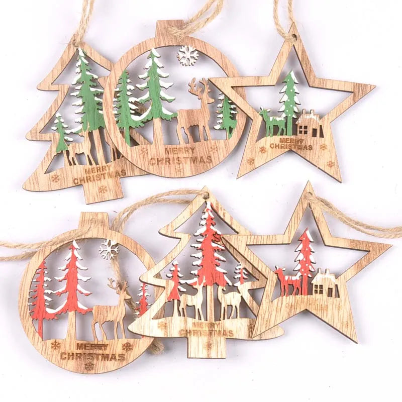 Christmas Wooden Ornaments Tree & Star Pattern Red Green 3pcs Christmas Ornaments Qme