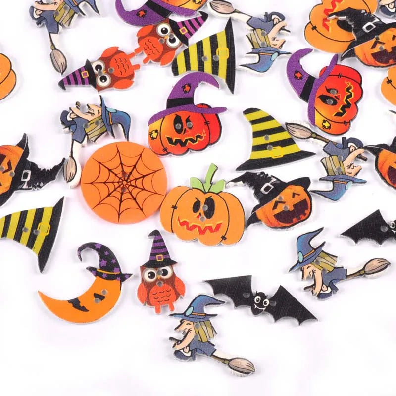 Halloween Skull & Pumpkin Flatback Wooden Buttons – 50pcs DIY Wooden Craft Buttons Qme Default Title