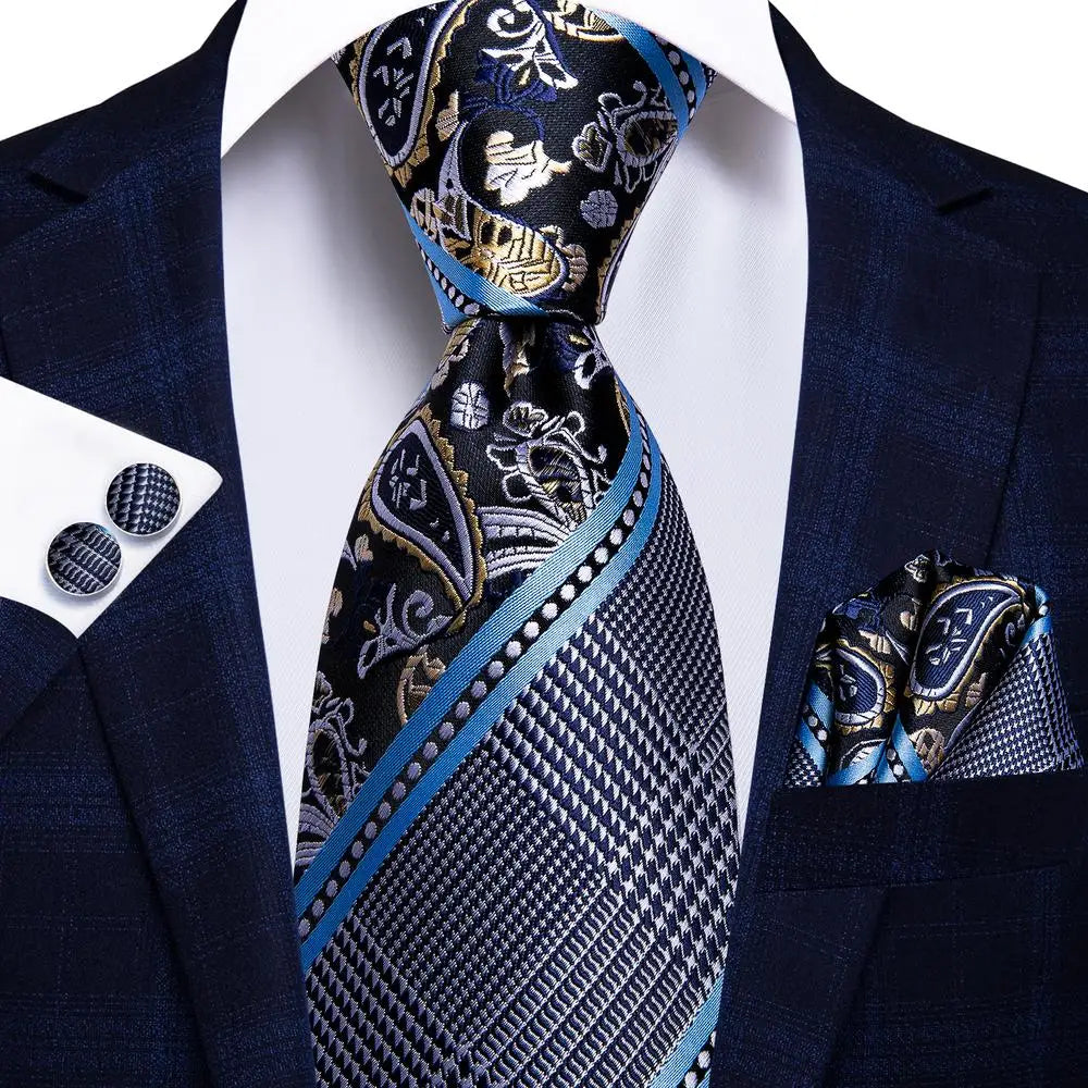 Jacquard Peacock Blue Wedding Tie, Hanky & Cufflinks Set Necktie Gift Set Qme 1641