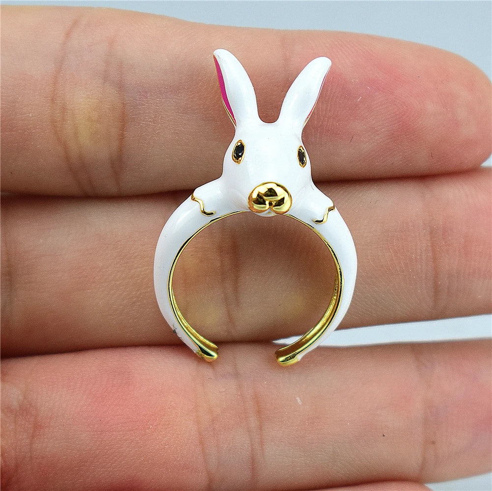 Cute Enamel Rabbit Heart Ring – Adjustable Kawaii Jewelry Enamel Fashion Ring Qme