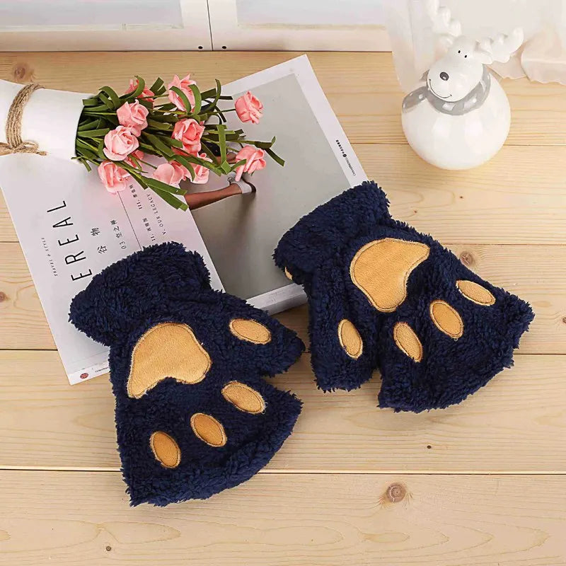 Women's Cat Paw Fingerless Gloves – Cute Plush Kitten Mittens Fingerless Mittens Qme Navy Blue One Size