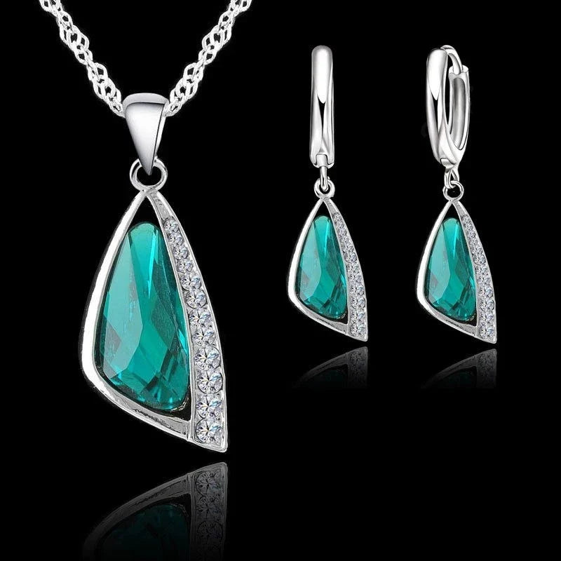 925 Sterling Silver Geometric Crystal Necklace & Earrings Set Crystal Jewelry Set Qme Default Title