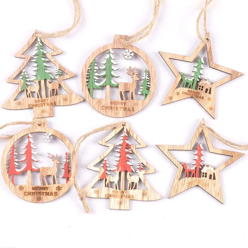 Christmas Wooden Ornaments Tree & Star Pattern Red Green 3pcs Christmas Ornaments Qme