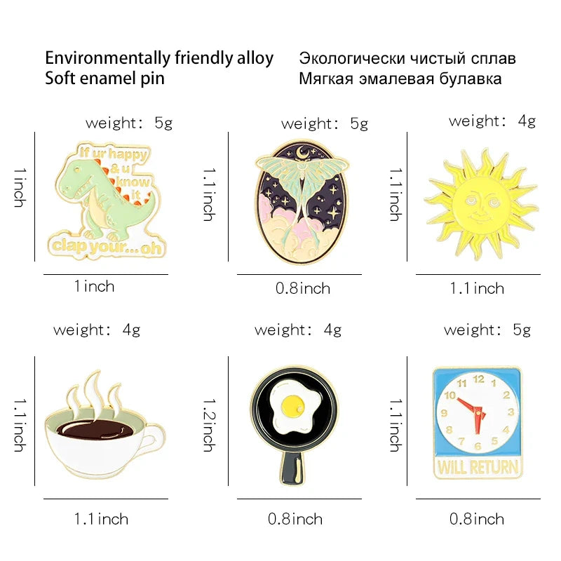 Cartoon Brooch Pin – Clock, Coffee, Sun & Dinosaur | Metal Alloy Brooch Lapel Pin Qme