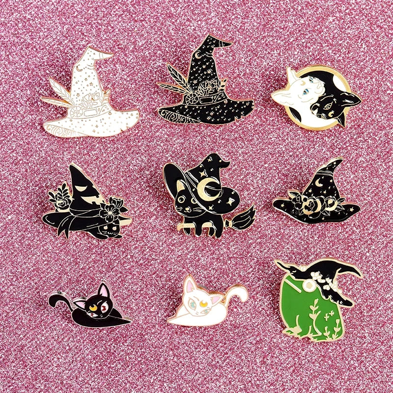 Witch Enamel Pins – Hat, Cat, Frog & Crescent Moon Lapel Pin Enamel Lapel Pin Qme