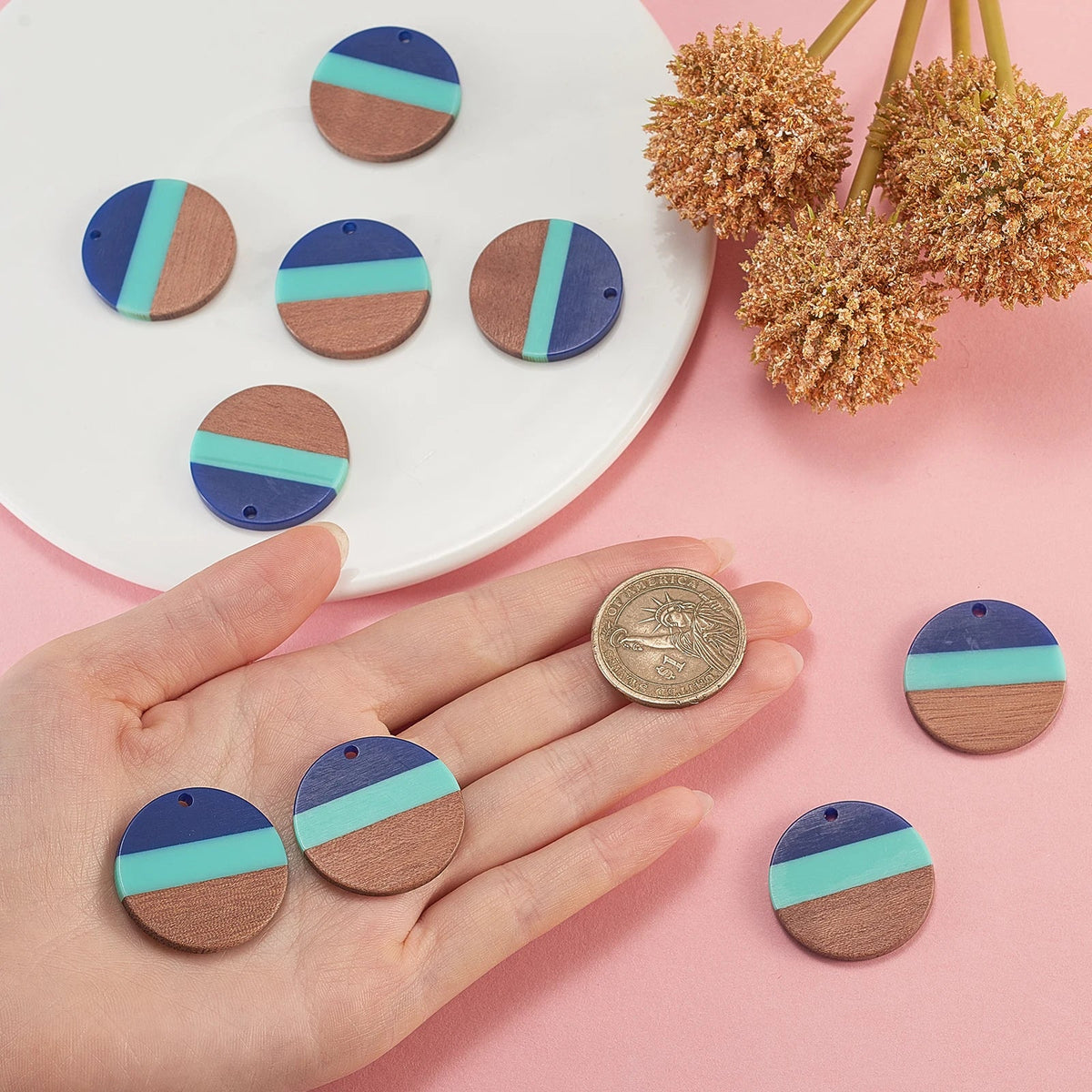 Tri-Color Resin Wood Round Charms – DIY Jewelry Pendants DIY Jewelry Charms Qme