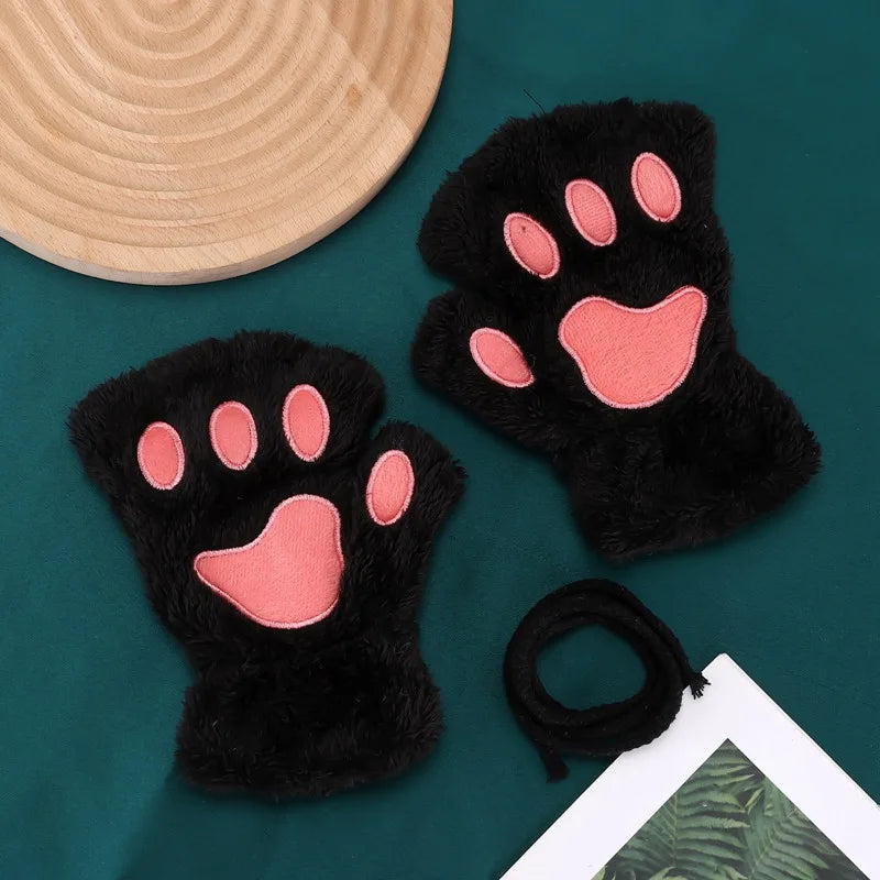 Women's Cat Paw Fingerless Gloves – Cute Plush Kitten Mittens Fingerless Mittens Qme black One Size