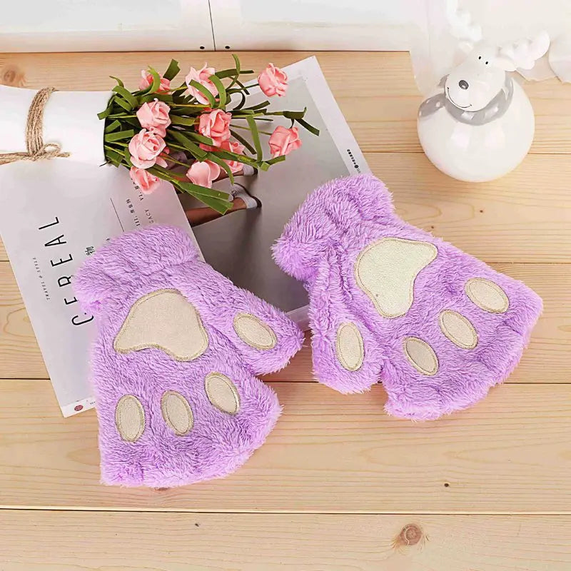 Women's Cat Paw Fingerless Gloves – Cute Plush Kitten Mittens Fingerless Mittens Qme Lavender One Size