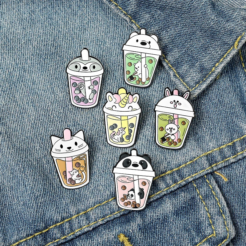 Boba Tea Enamel Lapel Pin | Cute Cat & Penguin Kawaii Brooch Enamel Lapel Pin Qme