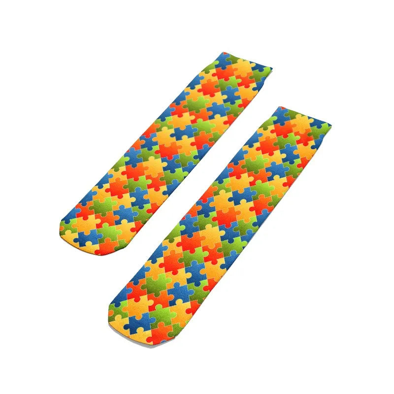 Women's Puzzle Print Socks – Colorful, Comfortable, One Size Novelty Print Socks Qme