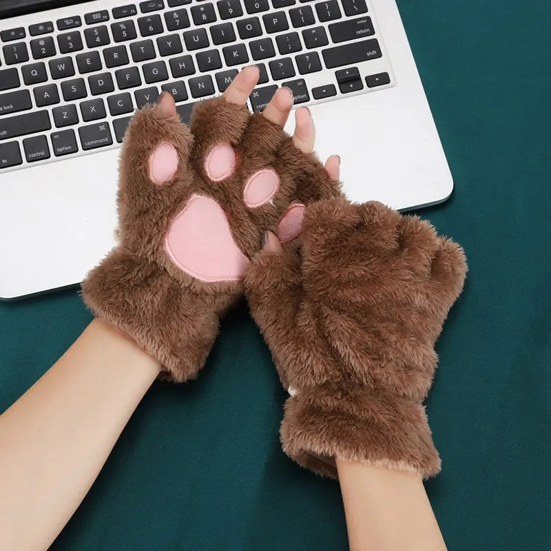 Women's Cat Paw Fingerless Gloves – Cute Plush Kitten Mittens Fingerless Mittens Qme camel One Size