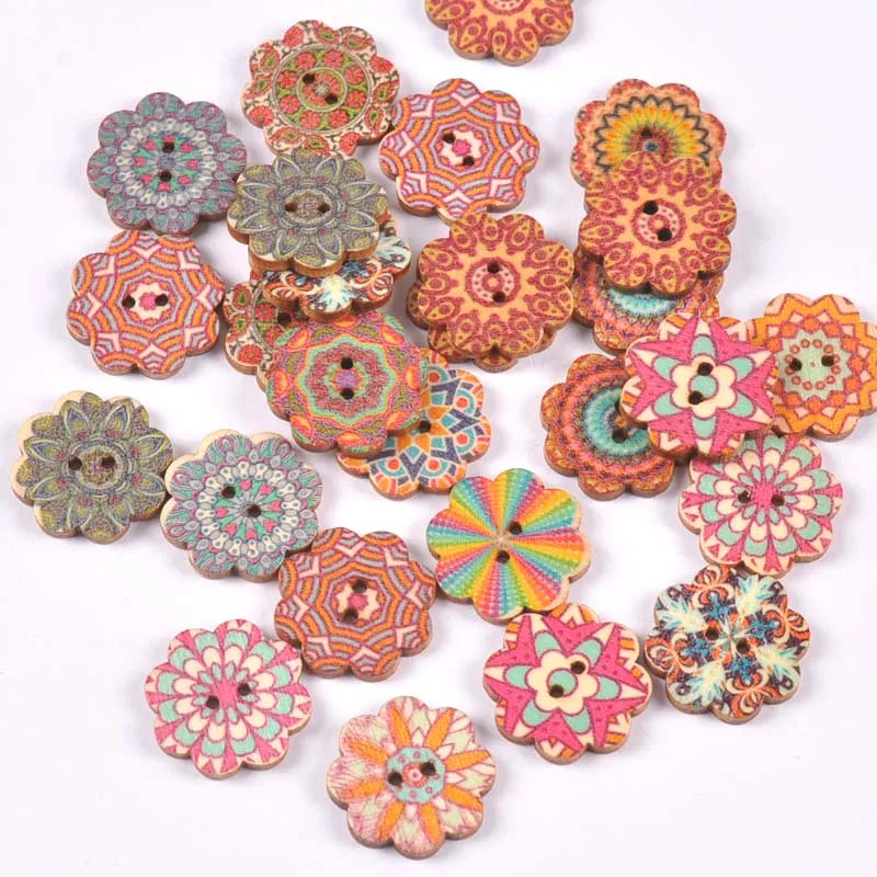 Vintage Cartoon Painted Wooden Buttons 2-Hole | 15 Colors, 15–35mm Wooden Sewing Buttons Qme 10