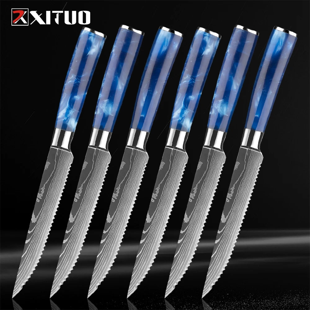 XITUO Damascus Steak Knife Set – Serrated Stainless Steel 6-Pc Steak Knife Set Qst JD-R13LSZ-6PC