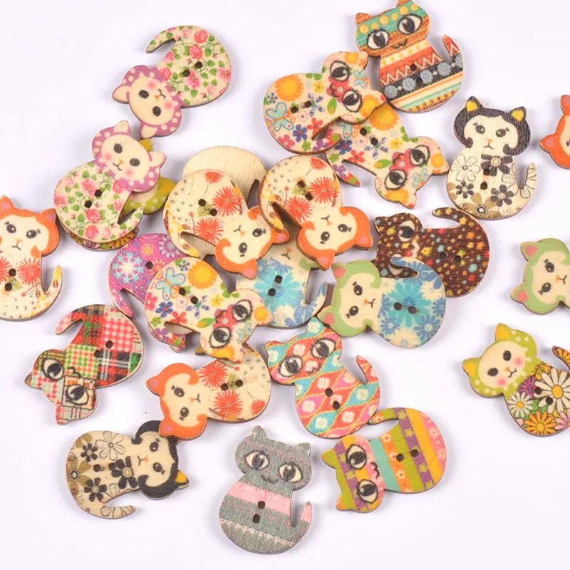 Vintage Cartoon Painted Wooden Buttons 2-Hole | 15 Colors, 15–35mm Wooden Sewing Buttons Qme 1