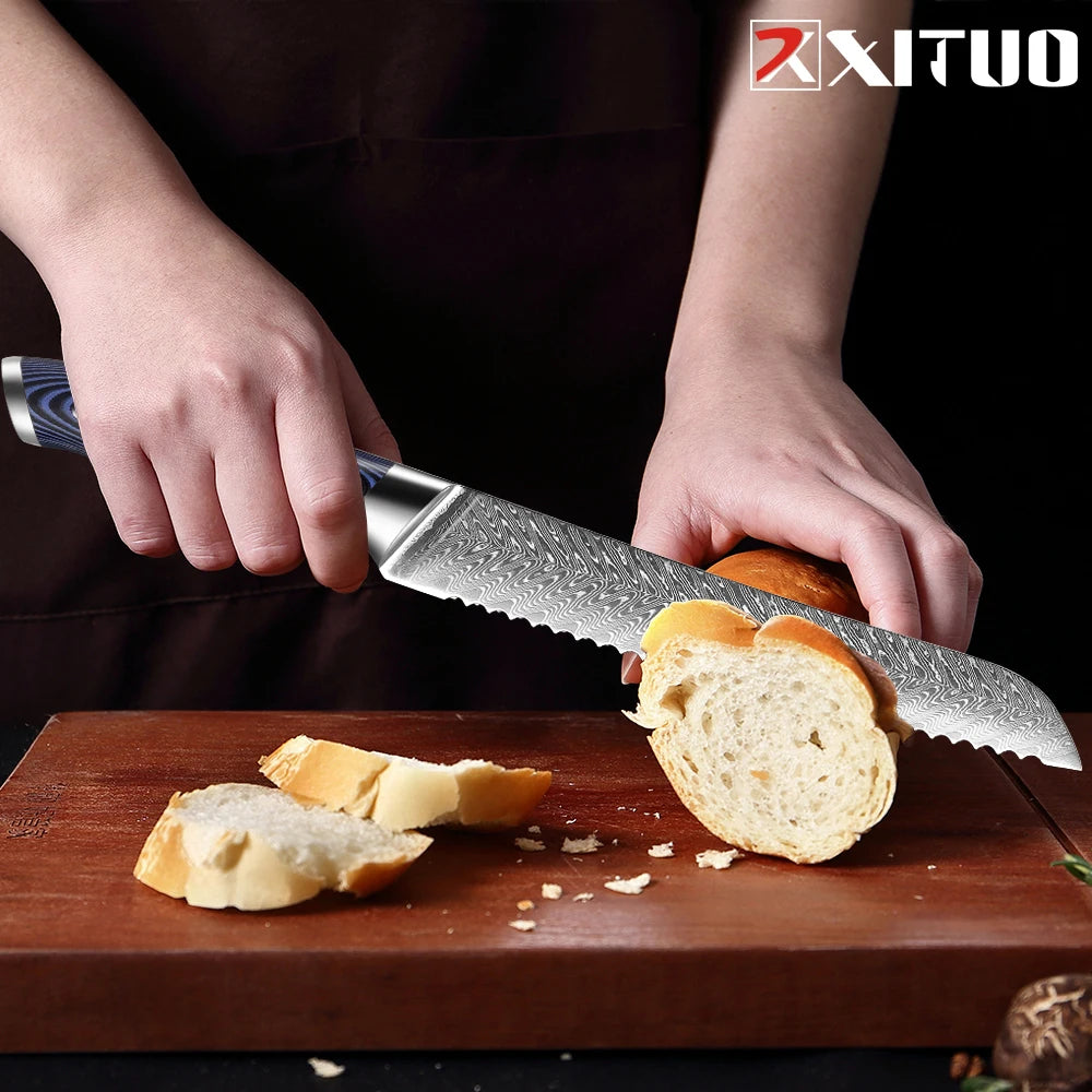 XITUO 8" Damascus Steel Serrated Bread Knife – Blue G10 Handle Damascus Bread Knife Qst