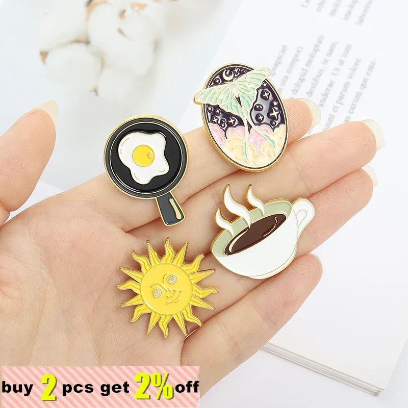 Cartoon Brooch Pin – Clock, Coffee, Sun & Dinosaur | Metal Alloy Brooch Lapel Pin Qme
