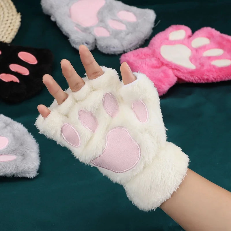 Women's Cat Paw Fingerless Gloves – Cute Plush Kitten Mittens Fingerless Mittens Qme WHITE One Size