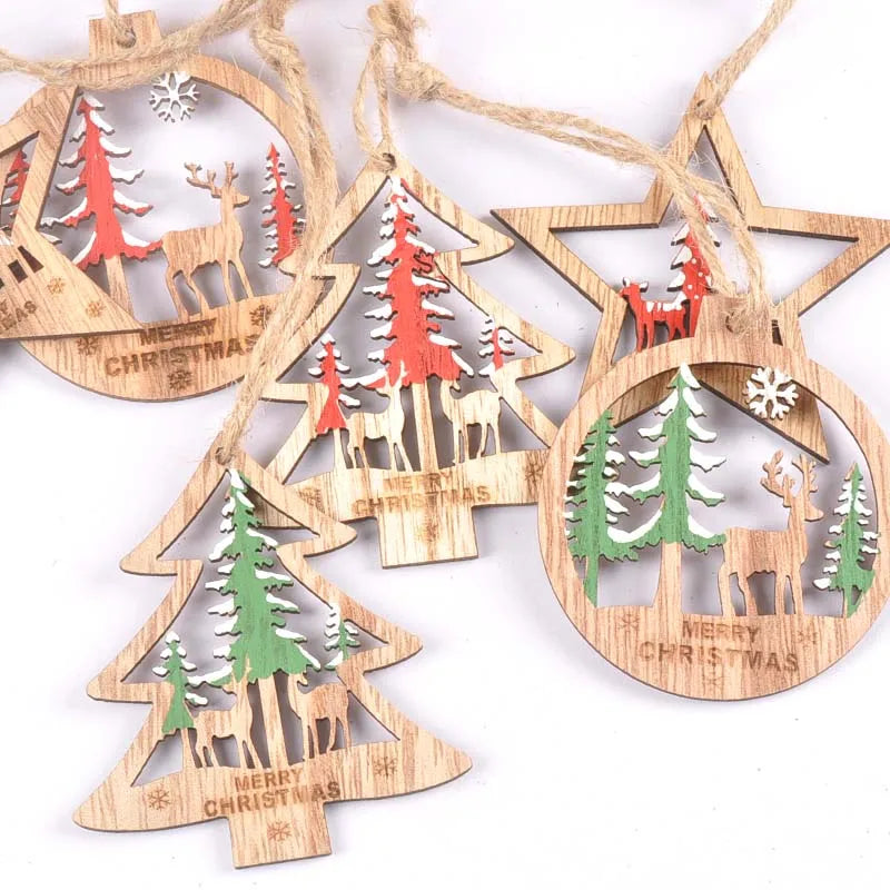 Christmas Wooden Ornaments Tree & Star Pattern Red Green 3pcs Christmas Ornaments Qme
