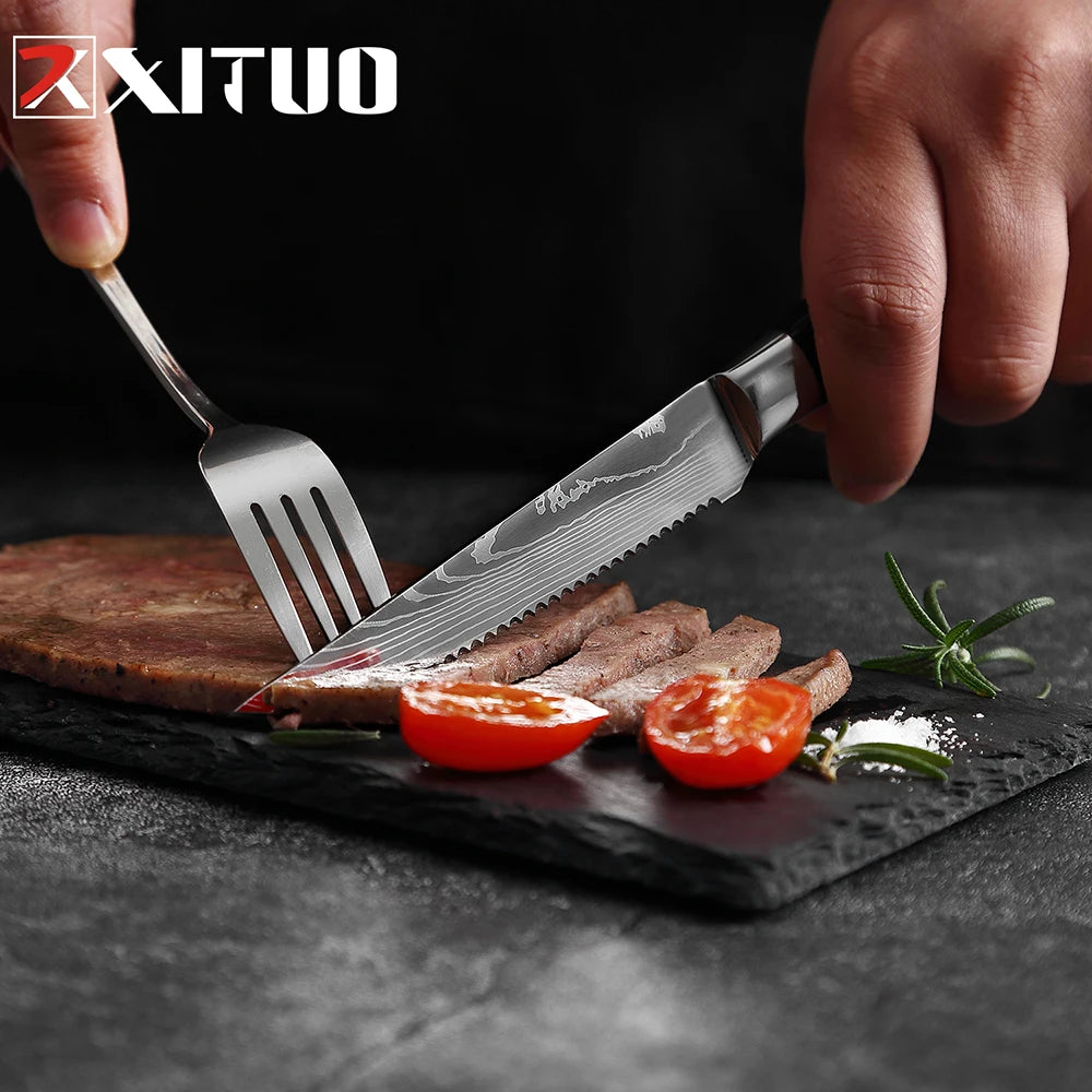 XITUO Damascus Steak Knife Set – Serrated Stainless Steel 6-Pc Steak Knife Set Qst
