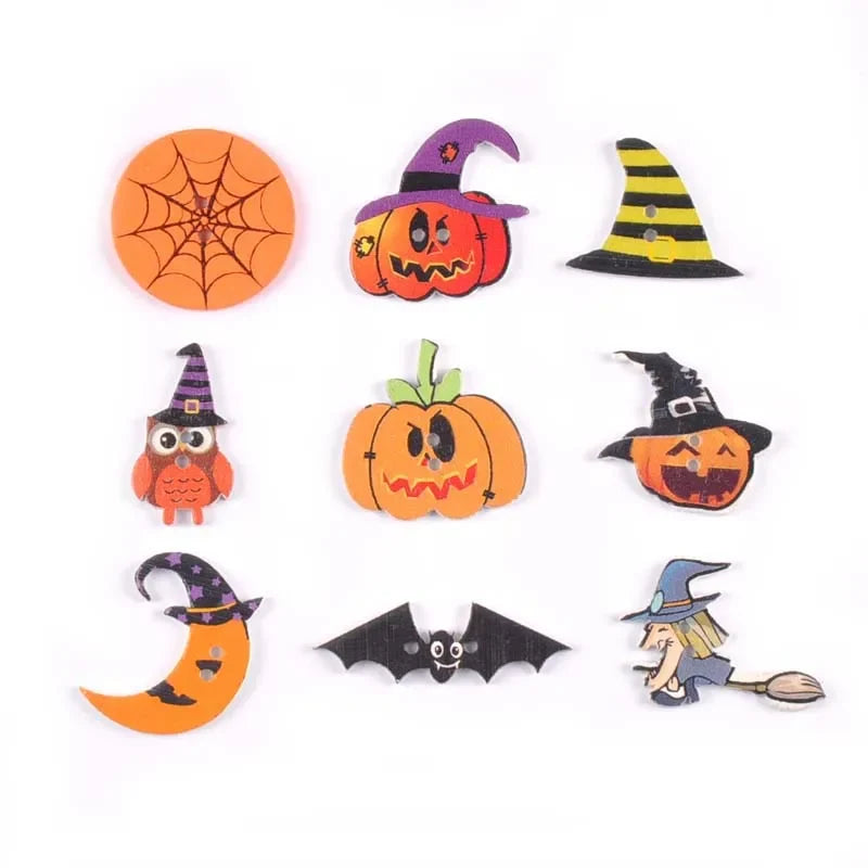 Halloween Skull & Pumpkin Flatback Wooden Buttons – 50pcs DIY Wooden Craft Buttons Qme