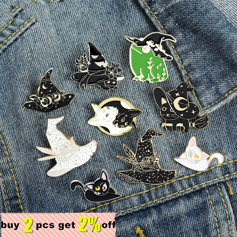 Witch Enamel Pins – Hat, Cat, Frog & Crescent Moon Lapel Pin Enamel Lapel Pin Qme