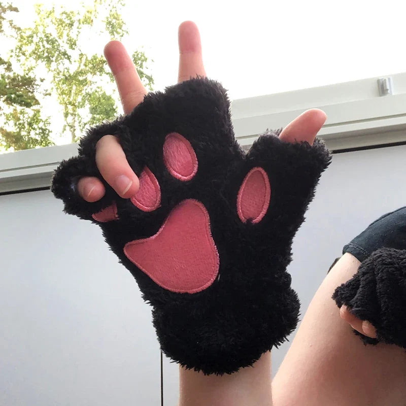 Women's Cat Paw Fingerless Gloves – Cute Plush Kitten Mittens Fingerless Mittens Qme