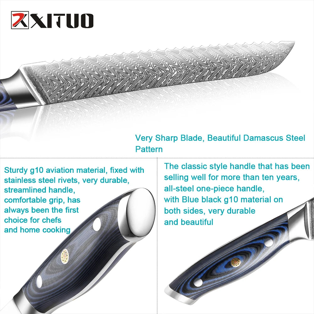 XITUO 8" Damascus Steel Serrated Bread Knife – Blue G10 Handle Damascus Bread Knife Qst