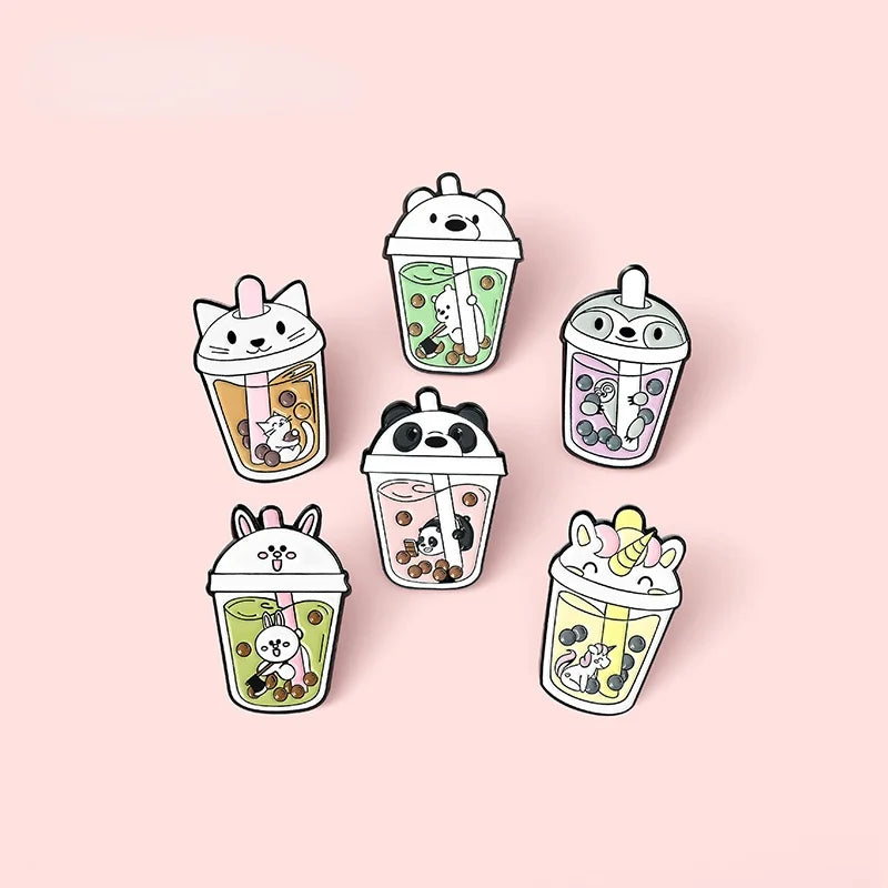 Boba Tea Enamel Lapel Pin | Cute Cat & Penguin Kawaii Brooch Enamel Lapel Pin Qme