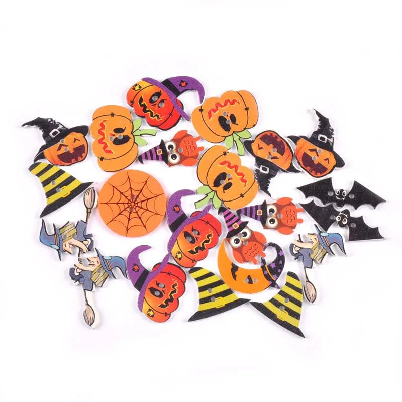 Halloween Skull & Pumpkin Flatback Wooden Buttons – 50pcs DIY Wooden Craft Buttons Qme