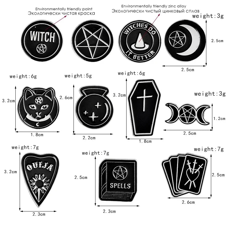 Witch Enamel Pins – Hat, Cat, Frog & Crescent Moon Lapel Pin Enamel Lapel Pin Qme