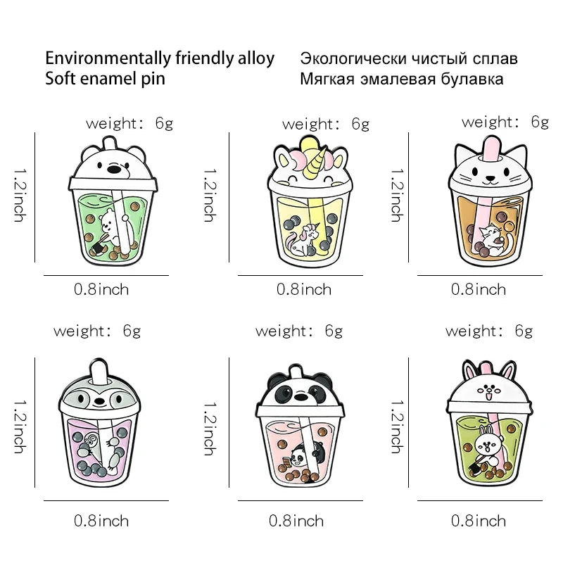 Boba Tea Enamel Lapel Pin | Cute Cat & Penguin Kawaii Brooch Enamel Lapel Pin Qme set