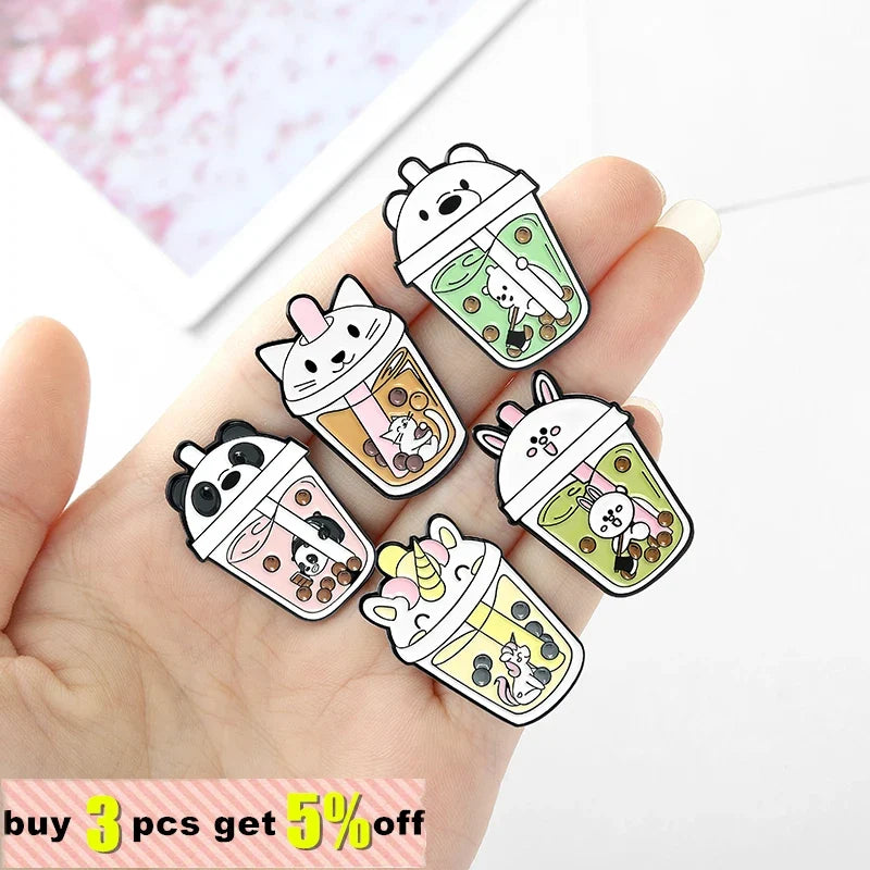 Boba Tea Enamel Lapel Pin | Cute Cat & Penguin Kawaii Brooch Enamel Lapel Pin Qme