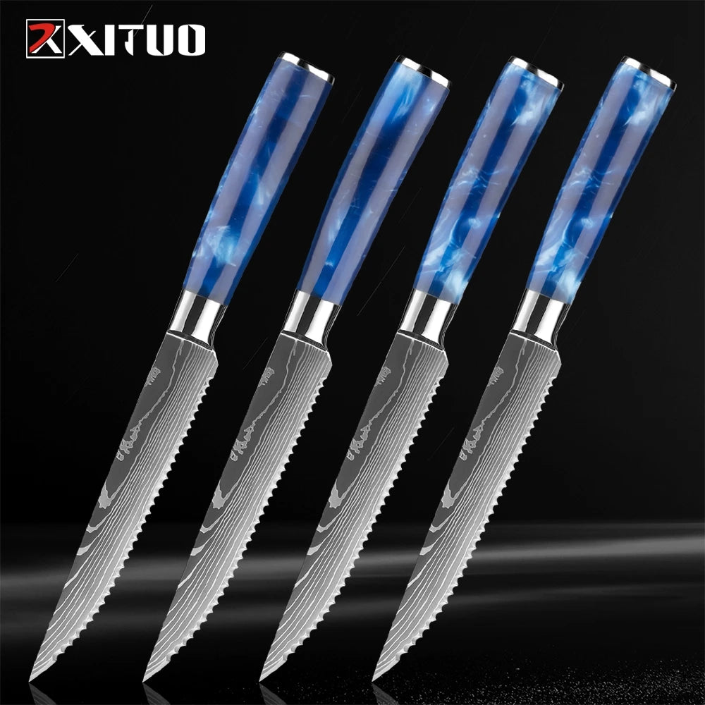 XITUO Damascus Steak Knife Set – Serrated Stainless Steel 6-Pc Steak Knife Set Qst JD-R13LSZ-4PC