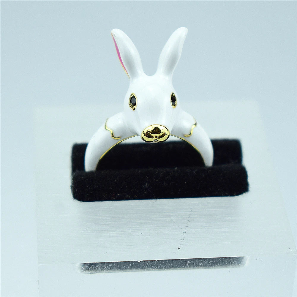 Cute Enamel Rabbit Heart Ring – Adjustable Kawaii Jewelry Enamel Fashion Ring Qme