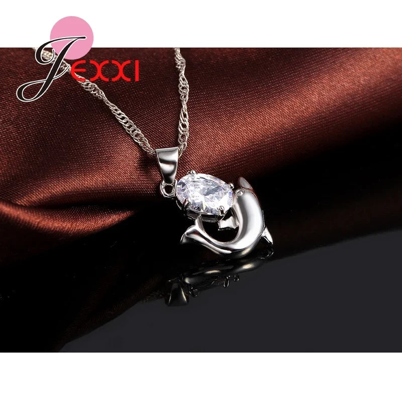 925 Sterling Silver Dolphin Pendant Necklace | Austrian Crystal Sterling Silver Necklace Qme