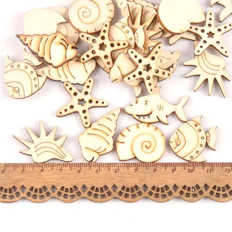 Wooden Starfish Shells Fish Scrapbooking Craft Pieces 25–35mm Wooden Craft Shapes Qme