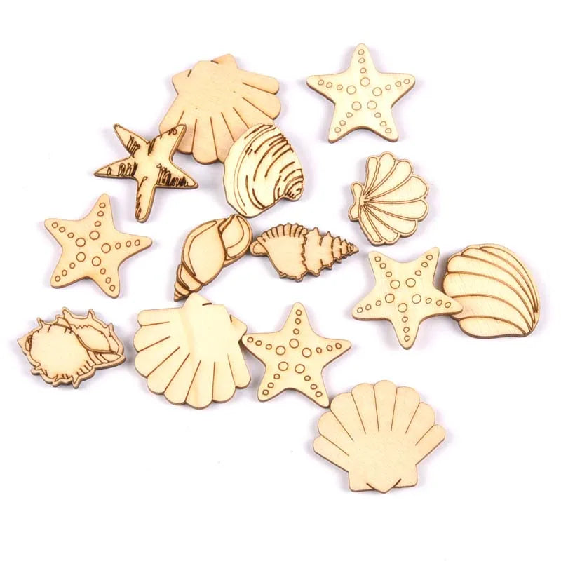 Seashell Starfish Wood Craft Shapes 20pcs | DIY Décor Wood Craft Shapes Qme