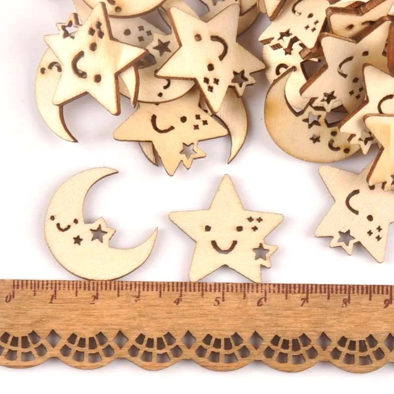 Wooden Moon & Star Ornament Slices – DIY Craft & Scrapbook (25pcs) Wood Craft Slices Qme