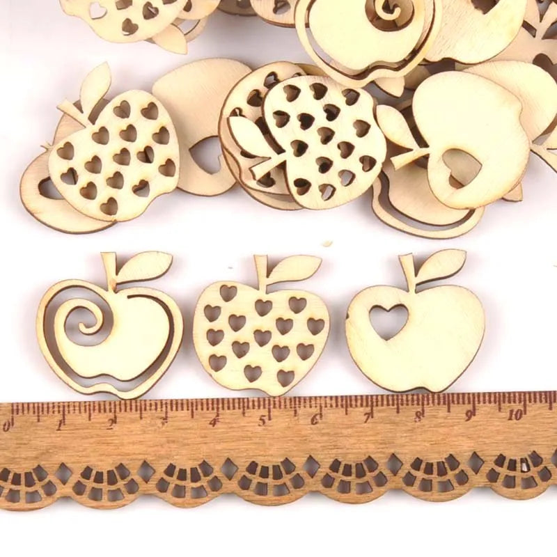 Hollow Apple Pattern Wood Craft Pieces – 25pc DIY Decor Set Wood Craft Cutouts Qme