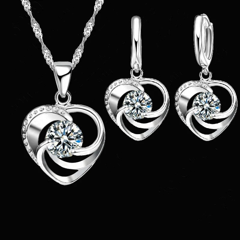 925 Sterling Silver Heart Necklace & Earrings Set – 18" Chain Silver Jewelry Set Qme