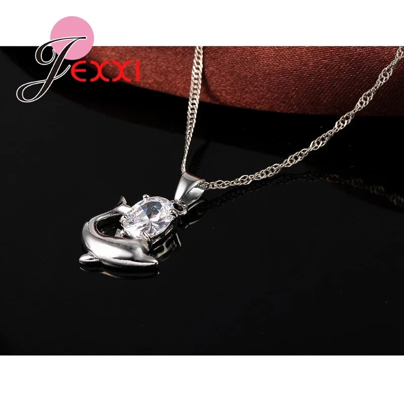 925 Sterling Silver Dolphin Pendant Necklace | Austrian Crystal Sterling Silver Necklace Qme