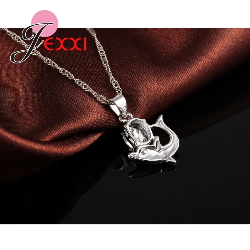 925 Sterling Silver Dolphin Pendant Necklace | Austrian Crystal Sterling Silver Necklace Qme