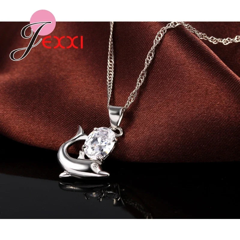 925 Sterling Silver Dolphin Pendant Necklace | Austrian Crystal Sterling Silver Necklace Qme