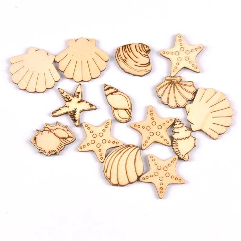 Seashell Starfish Wood Craft Shapes 20pcs | DIY Décor Wood Craft Shapes Qme