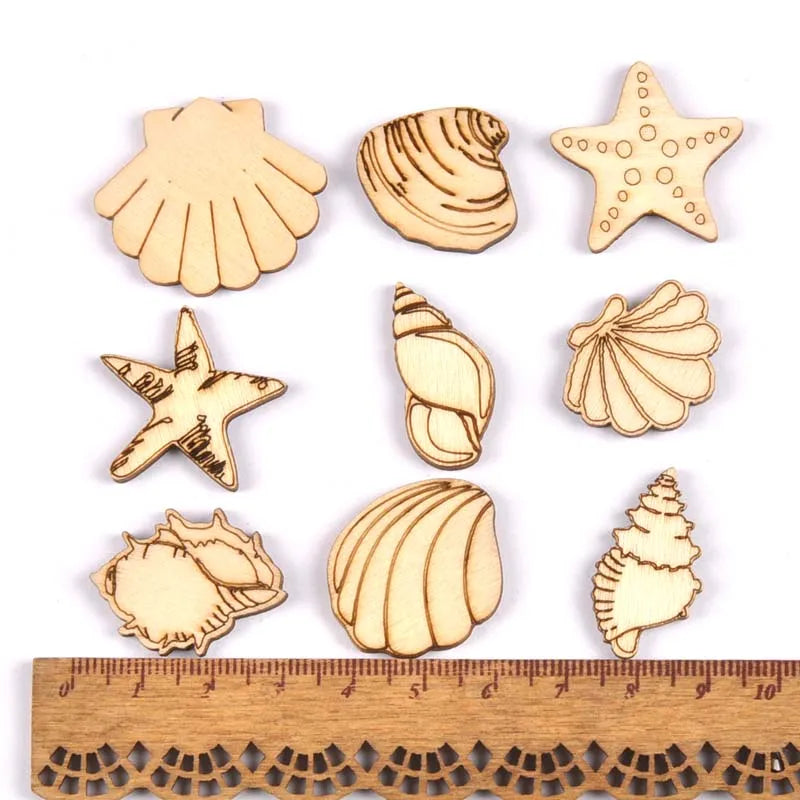 Seashell Starfish Wood Craft Shapes 20pcs | DIY Décor Wood Craft Shapes Qme