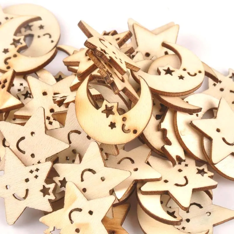 Wooden Moon & Star Ornament Slices – DIY Craft & Scrapbook (25pcs) Wood Craft Slices Qme