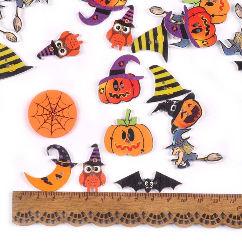 Halloween Skull & Pumpkin Flatback Wooden Buttons – 50pcs DIY Wooden Craft Buttons Qme