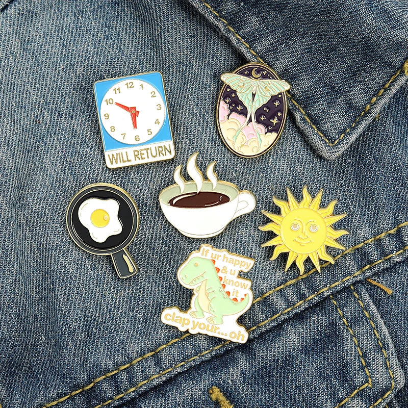 Cartoon Brooch Pin – Clock, Coffee, Sun & Dinosaur | Metal Alloy Brooch Lapel Pin Qme
