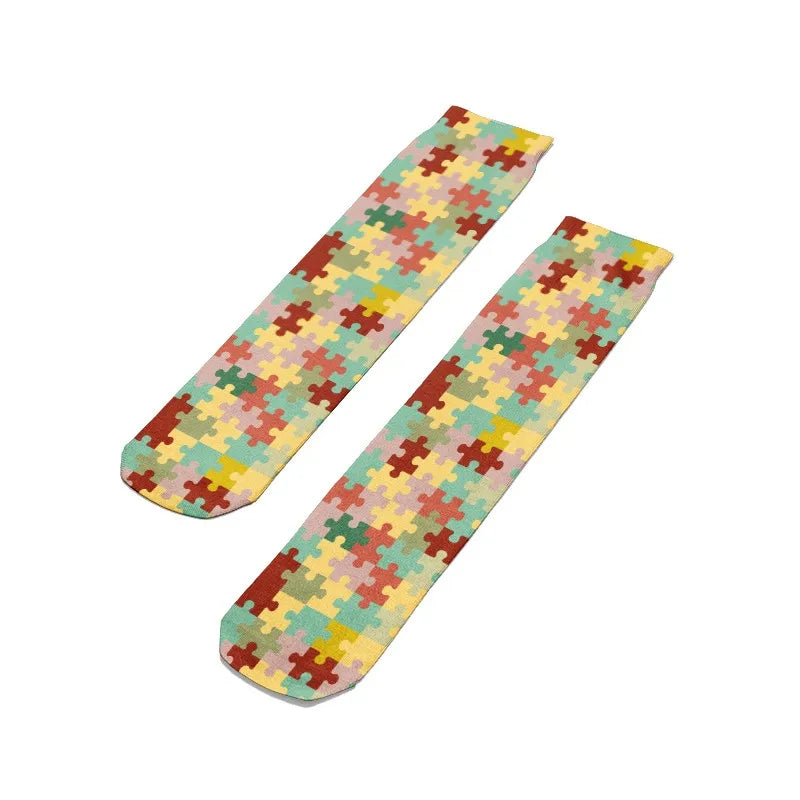Women's Puzzle Print Socks – Colorful, Comfortable, One Size Novelty Print Socks Qme